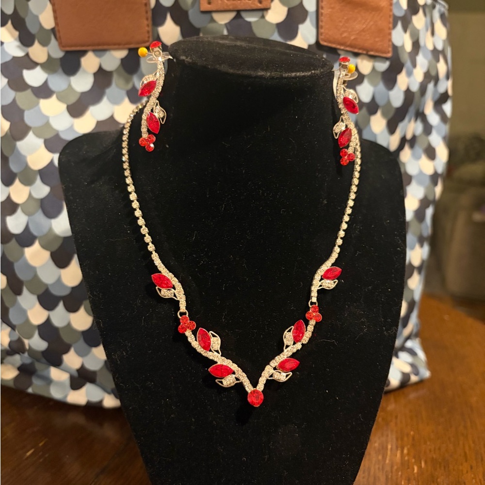 Elegant Red and Silver Leaf Necklace and Earring Set